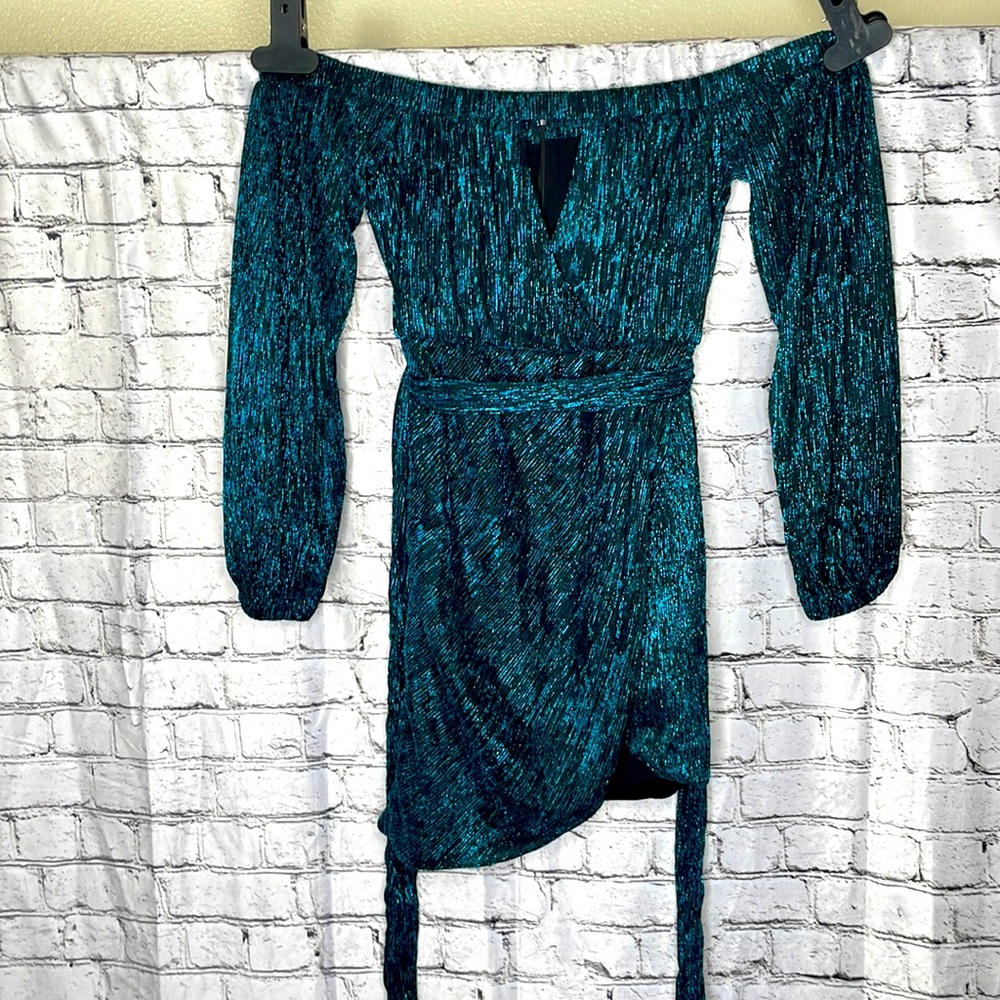 Michael Costello X Revolve mini Dress, off the should, v cut bottom, wrap tie